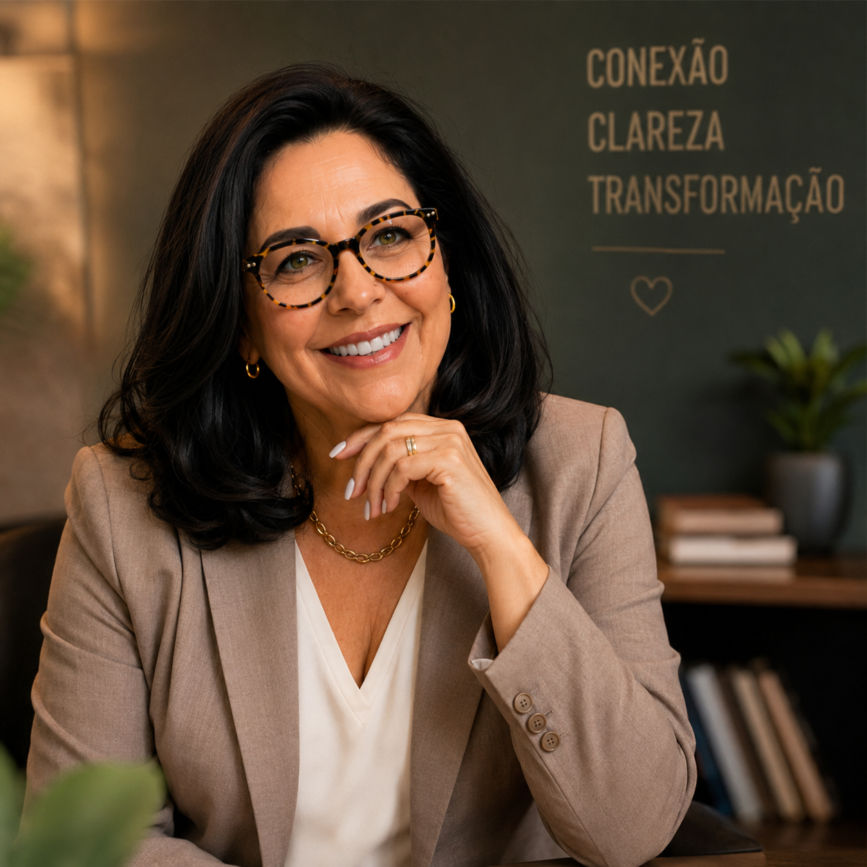 Sandra Jessula, psicóloga, sorrindo em ambiente acolhedor com a frase Conexão · Clareza · Transformação ao fundo